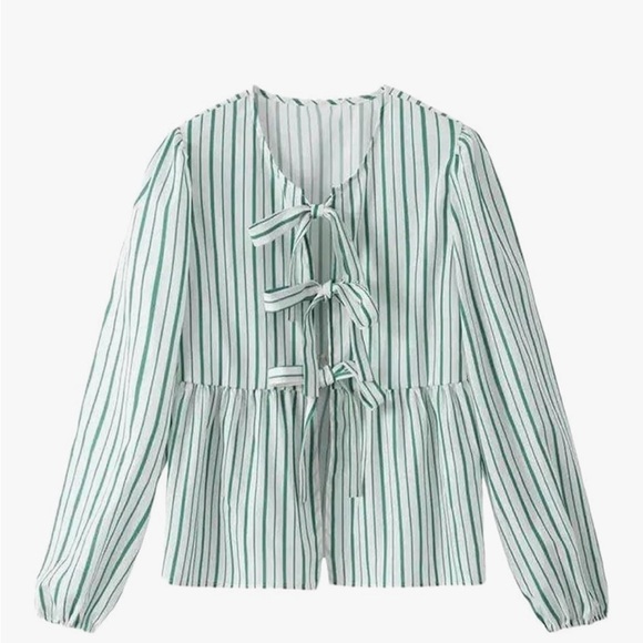 Tops - Green Striped Women's bow tie front  Top
